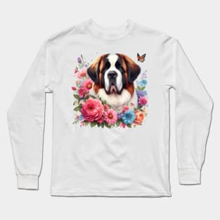 A St. Bernard dog decorated with beautiful colorful flowers. Long Sleeve T-Shirt